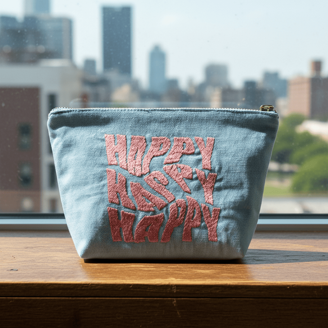Happy Embroidered Canvas Pouch