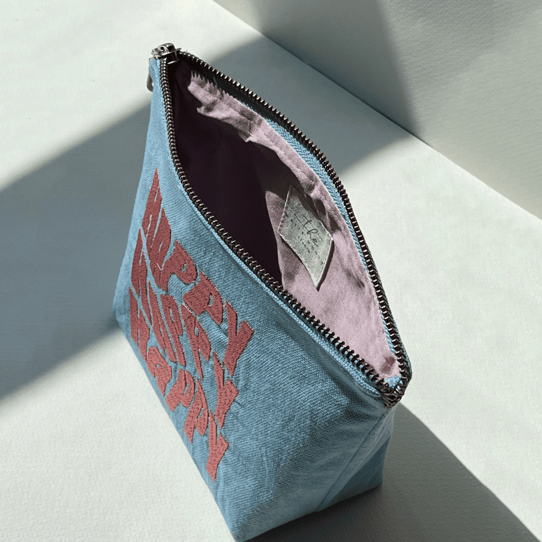 Happy Embroidered Canvas Pouch