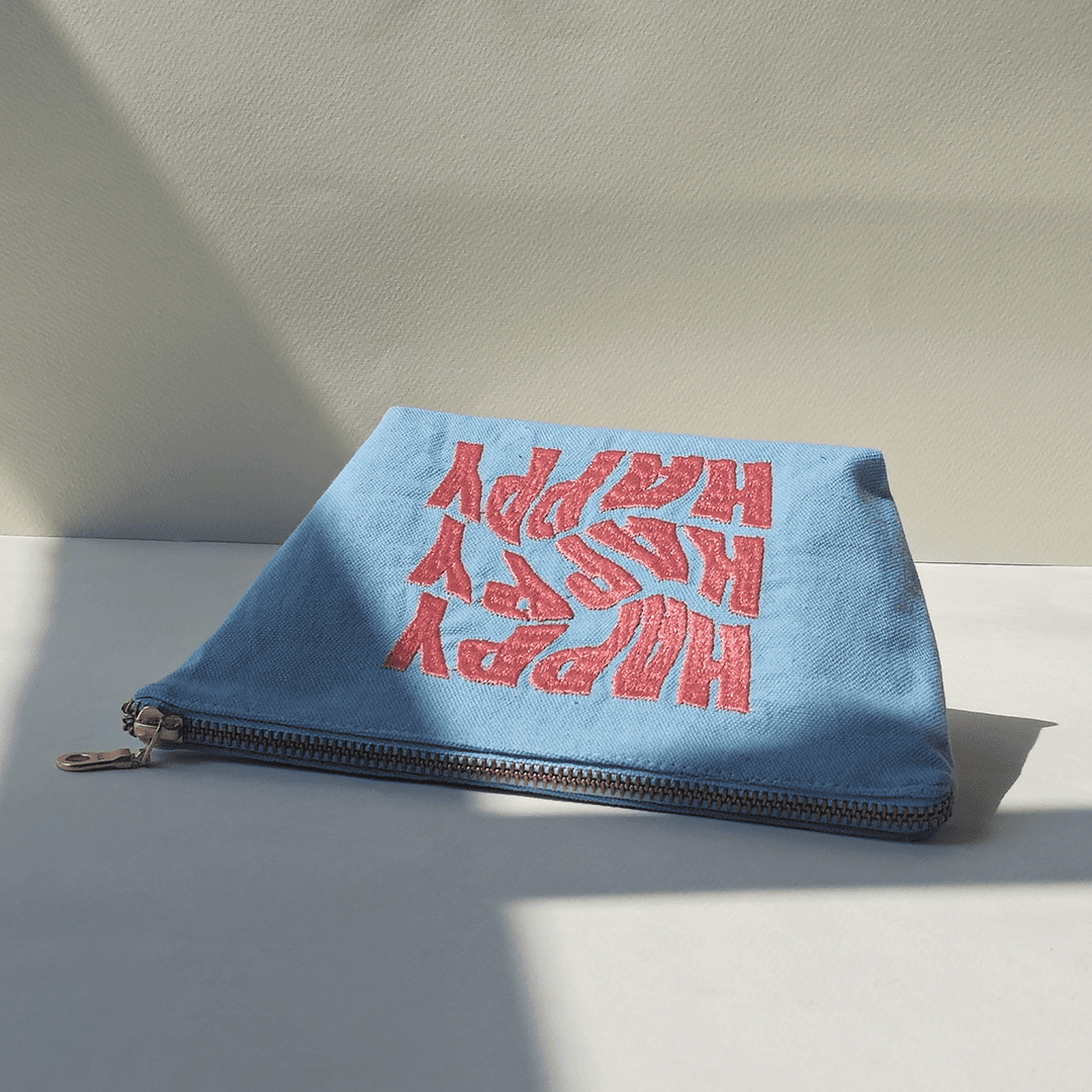 Happy Embroidered Canvas Pouch