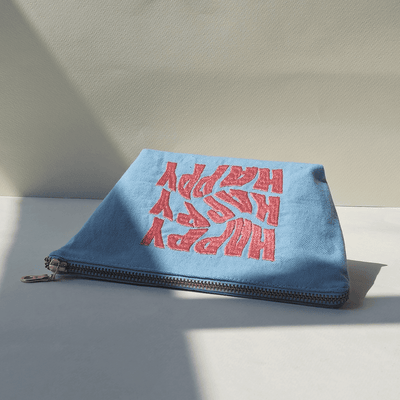 Happy Embroidered Canvas Pouch