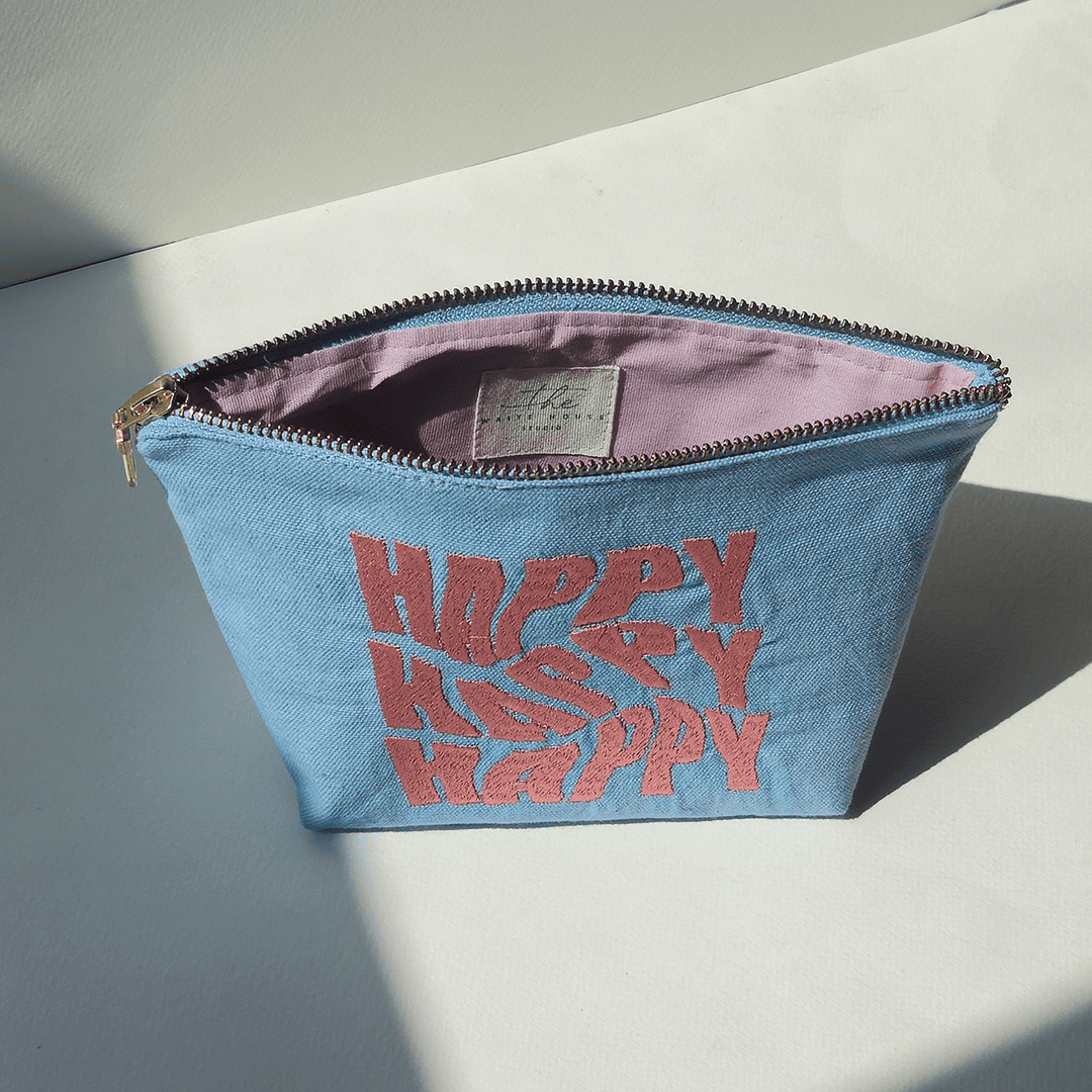 Happy Embroidered Canvas Pouch