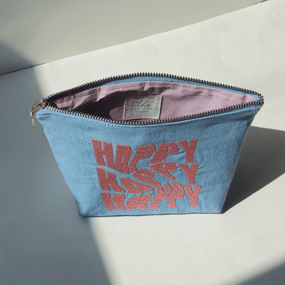 Happy Embroidered Canvas Pouch