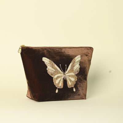 Butterfly Luxe Pouch - Elegant Velvet Bag with Hand-Embroidered Design